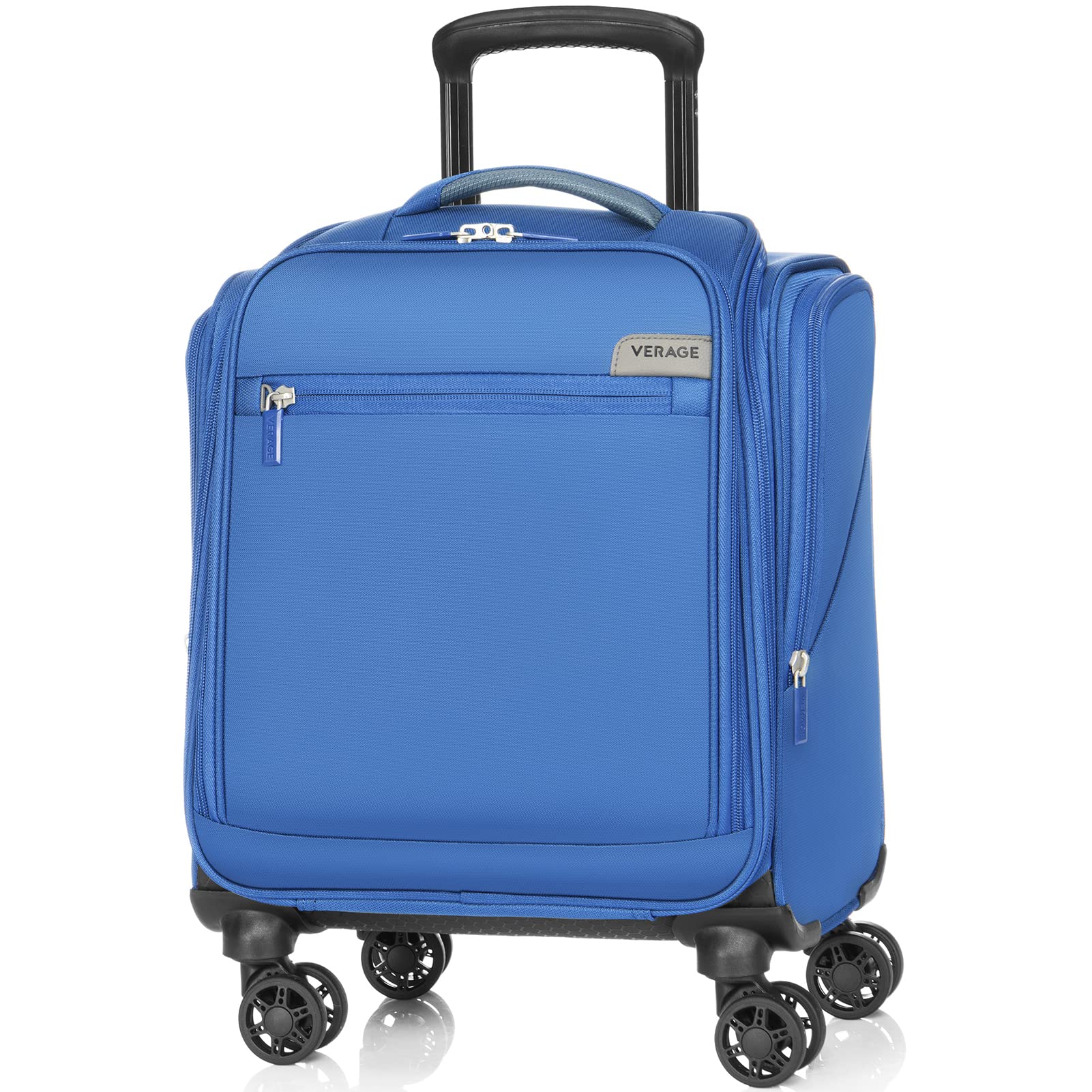 Lightweight softside carry-on suitcase with four spinner wheels and an extendable handle