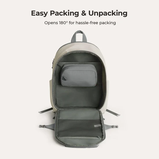Clamshell travel backpack opened fully to show organized compartments and internal pockets